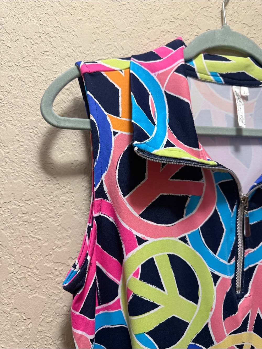 Lulu-B Multicolor Peace Sign Print Dress — Navy, Pink, Blue, Lime Green - Picture 2 of 7